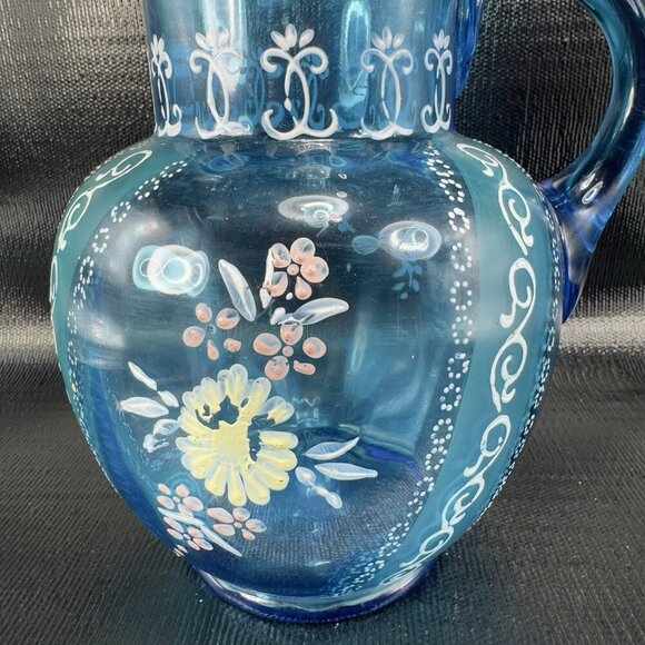 Antique Victorian Glass Pitcher Blue Enameled Crimped Rim Manganese 365nm Glow - Picture 11 of 16